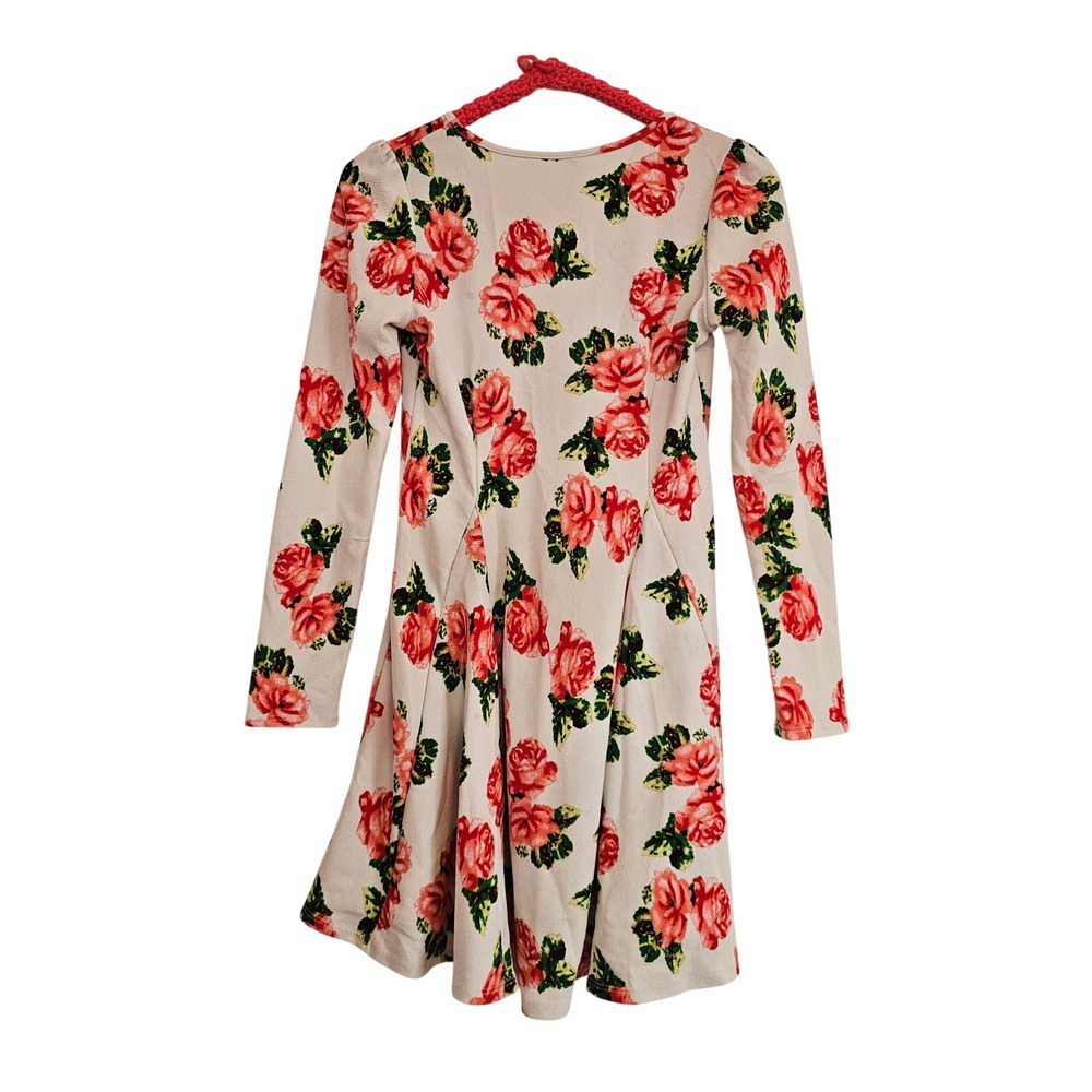 Emma Rose Floral Print Long Sleeve Fit Flare Dress Women Cream Red Roses